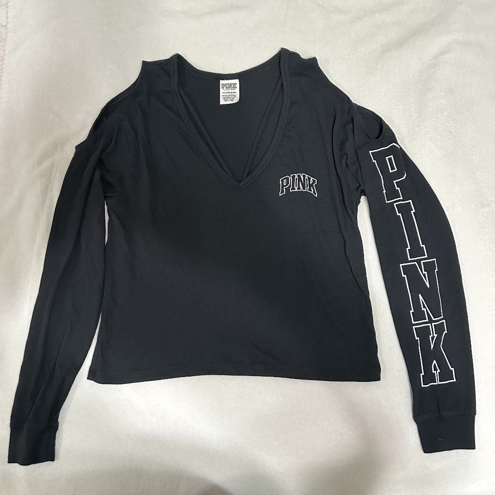 PINK XS Black Long-sleeved Shoulderless V-Neck Tee